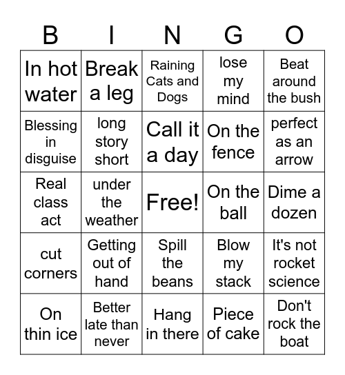 English Idioms Bingo Card