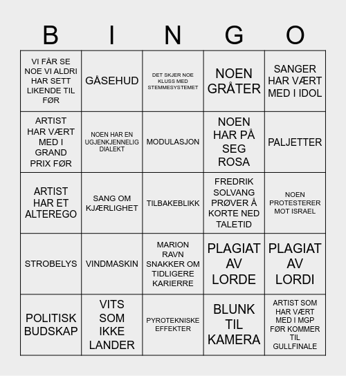 MGP BINGO Card