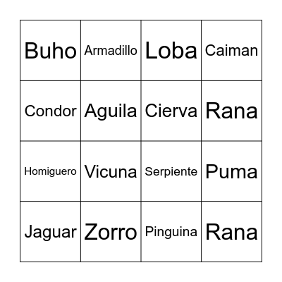 Loteria! (Argentinian Animals) Bingo Card