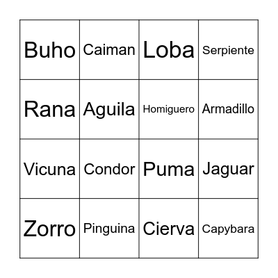 Loteria! (Argentinian Animals) Bingo Card