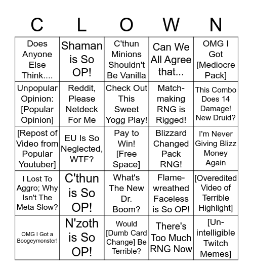 Reddit Shitpost Bingo Card