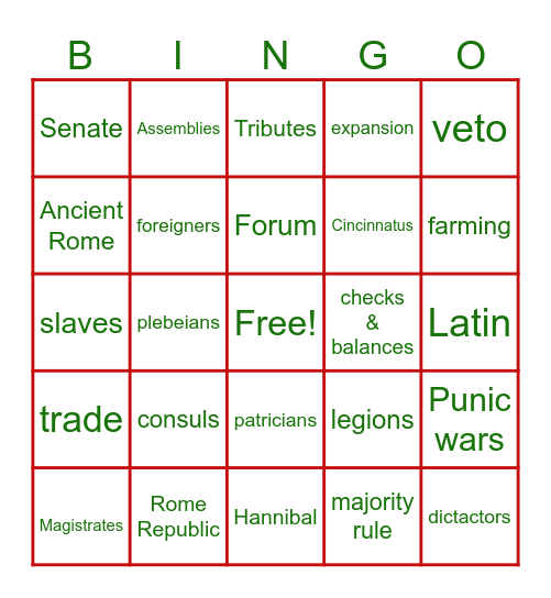 Ancient Rome Republic Bingo Card