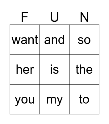 Sight Words Bingo Card