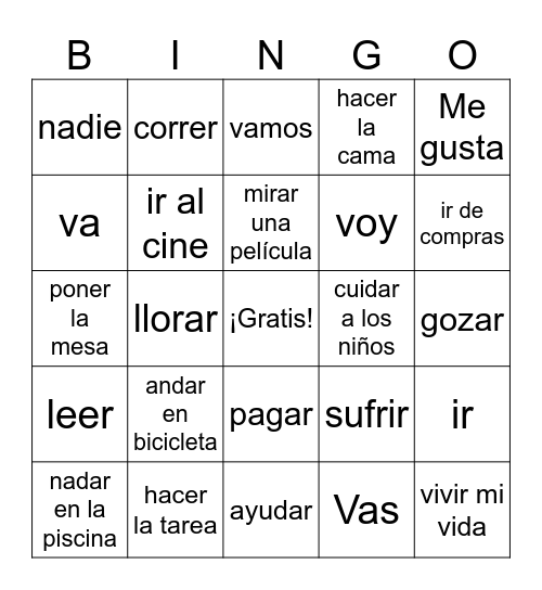 Activities, Chores, and Forms of Ir Bingo Card