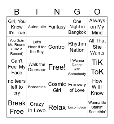 Dance Pop Playlist Bingo Card