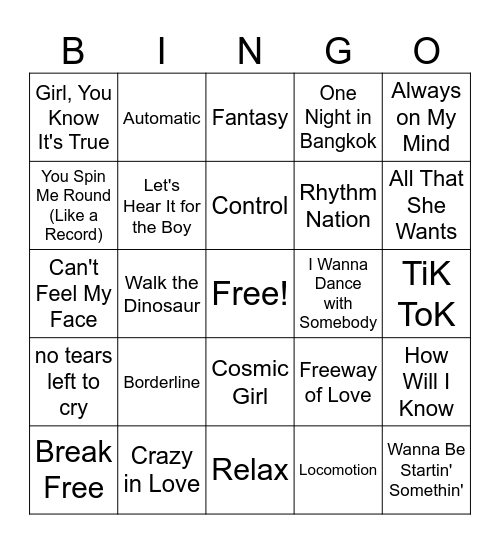 Dance Pop Playlist Bingo Card