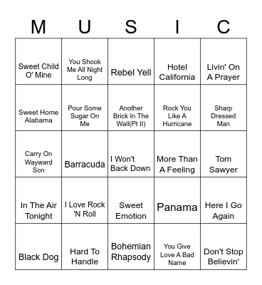 Classic Rock Bingo Card