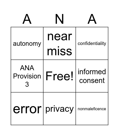ANA Provision 3 Bingo Card