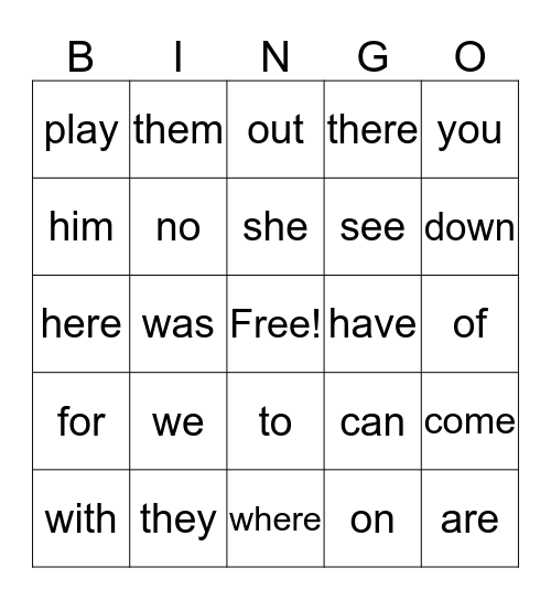 First High Frequency Words Bingo Card