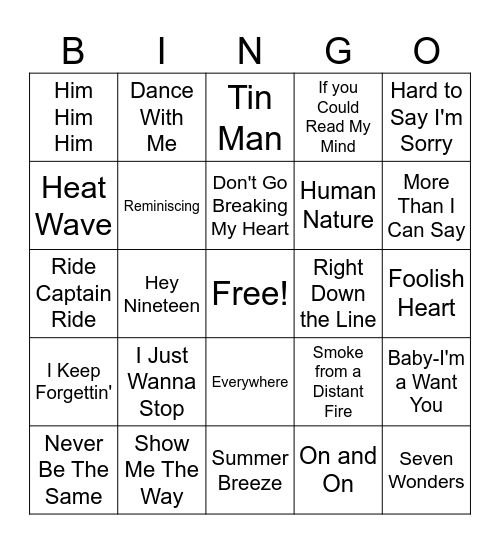 Yacht Rock Playlist Bingo Card