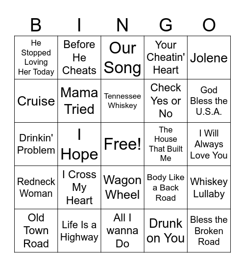 Country Playlist Bingo Card