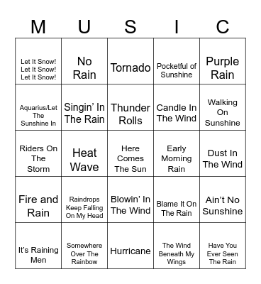 Songs with Weather Words Bingo Card