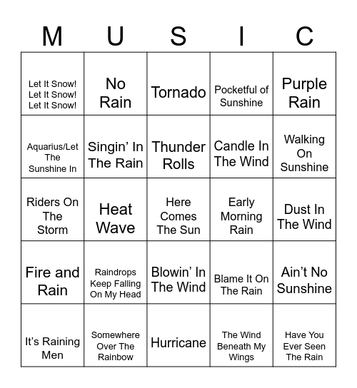 Songs with Weather Words Bingo Card
