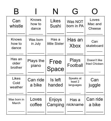 YOUTH HUMAN BINGO Card