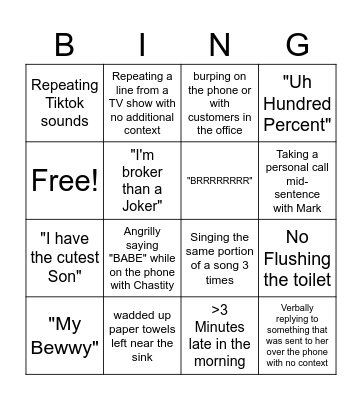 Angel's 'Quirks' Bingo Card