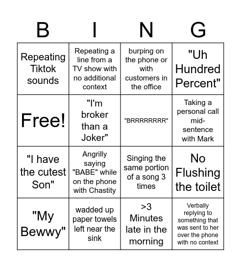 Angel's 'Quirks' Bingo Card