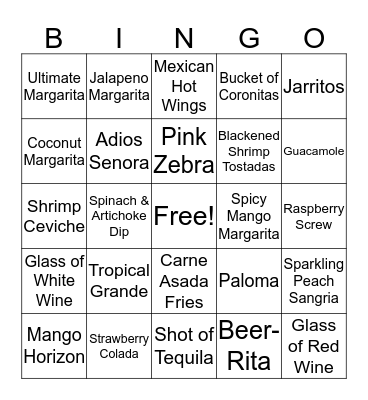 BAR DRINKS & APPETIZERS Bingo Card