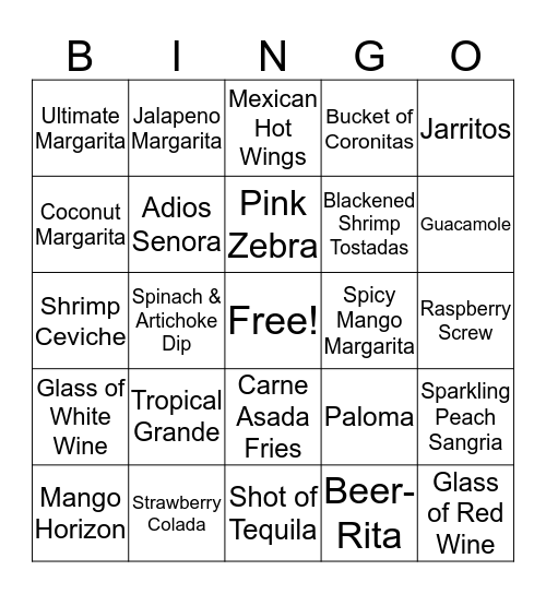 BAR DRINKS & APPETIZERS Bingo Card