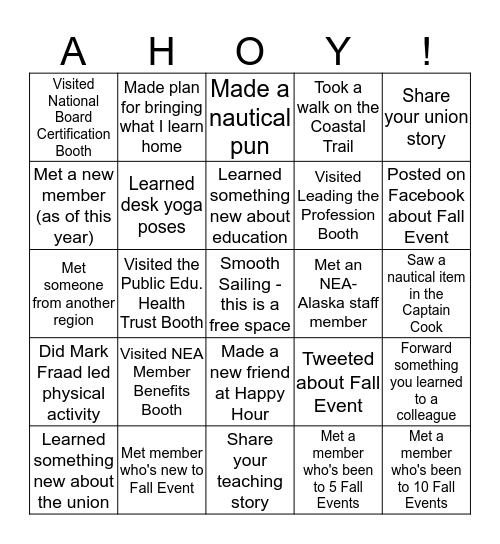 Fall Event 2016 Bingo Card