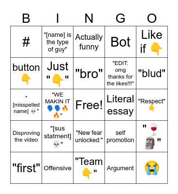 YT Shorts Comments Bingo Card