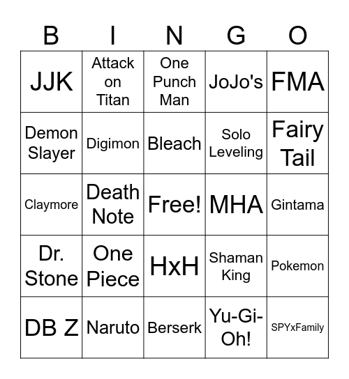 Shounen Bingo Card