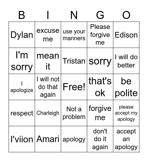 Apologizing Bingo Card