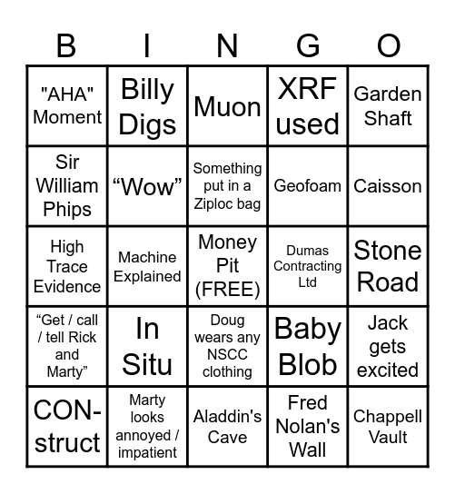 Curse of Oak Island Bingo Card