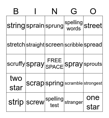 This week's spelling words Bingo Card