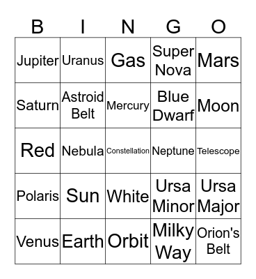 Mrs. Bakers Space Bingo Card
