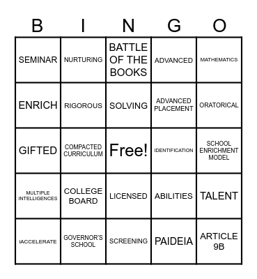 Gifted Education Bingo Card