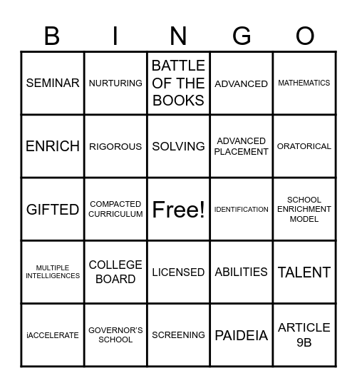 Gifted Education Bingo Card