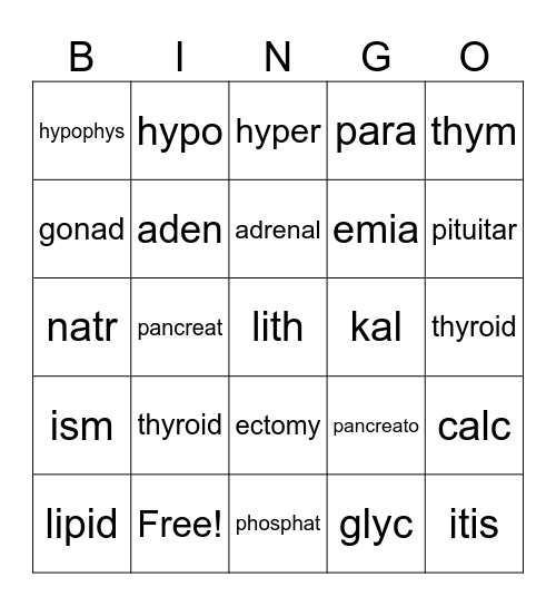 WSU Unit 7 Word Building Bingo Card