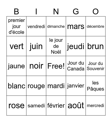 Colors, Days and Months! Bingo Card