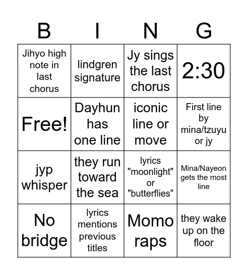 Twice pre-release Bingo Card