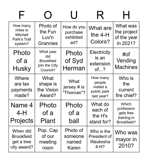 4-H Scavenger Hunt Lockout Bingo Card