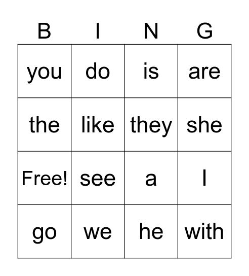 High Frequency Words KINDER Bingo Card