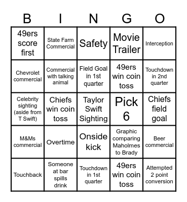 Superbowl Bingo Card