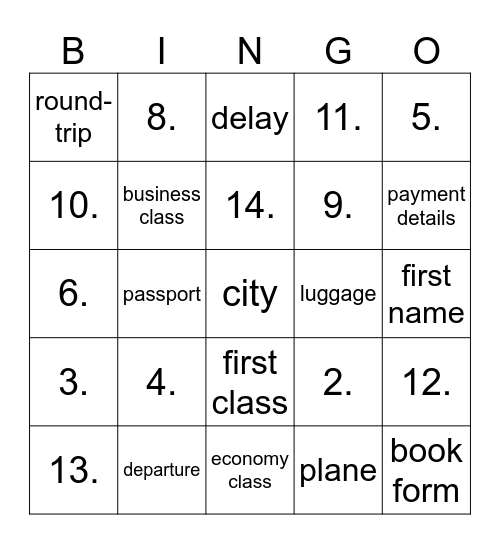 booking a flight Bingo Card