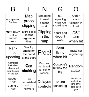 Fortnite Rocket Racing Bugs Bingo Card