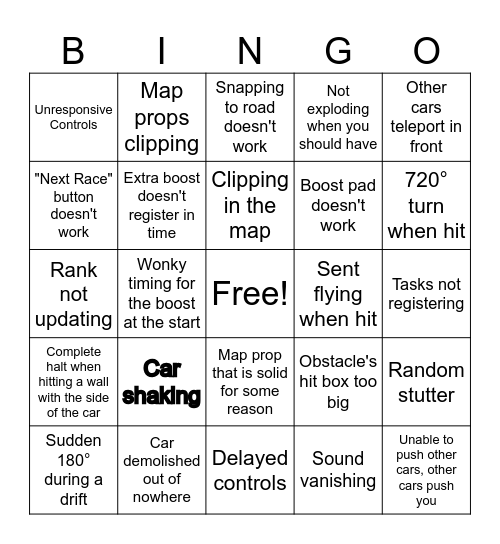 Fortnite Rocket Racing Bugs Bingo Card