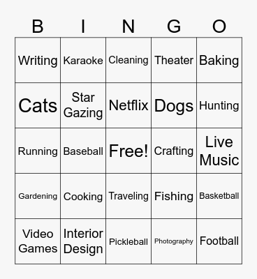 Interests Bingo Card