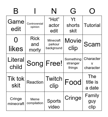 YouTube shorts Bingo Card