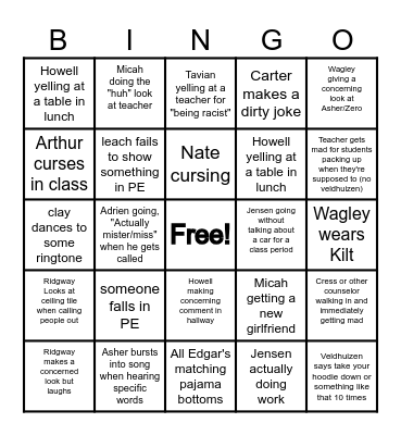 school Bingo Card