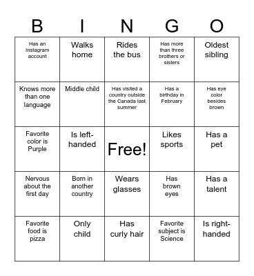 Know your Classmates Bingo Card