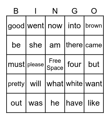 Prime Sight Words Bingo Card