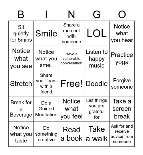 Mindfulness Bingo Card