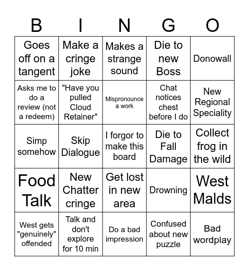 New Area Exploration Bingo Card