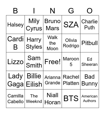 Pop Song Artists Bingo Card