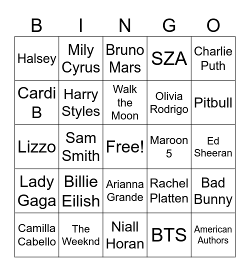 Pop Song Artists Bingo Card