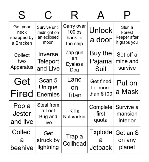 Lethal Company Bingo Card